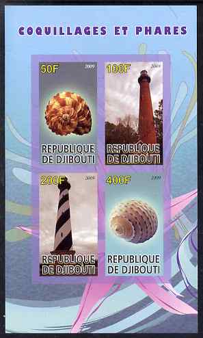 Djibouti 2009 Lighthouses and Shells #2 imperf sheetlet containing 4 values unmounted mint, stamps on lighthouses, stamps on shells, stamps on marine life