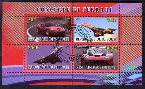 Djibouti 2009 Concorde and Ferrari #1 perf sheetlet containing 4 values fine cto used, stamps on aviation, stamps on concorde, stamps on cars, stamps on ferrari