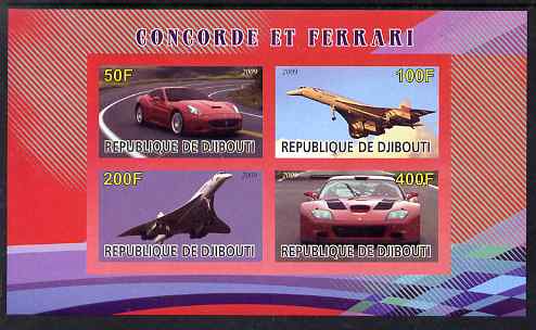 Djibouti 2009 Concorde and Ferrari #1 imperf sheetlet containing 4 values unmounted mint, stamps on aviation, stamps on concorde, stamps on cars, stamps on ferrari