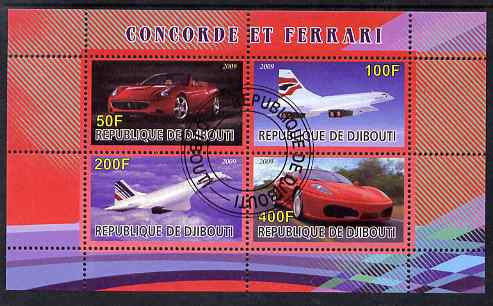Djibouti 2009 Concorde and Ferrari #21 perf sheetlet containing 4 values fine cto used, stamps on , stamps on  stamps on aviation, stamps on  stamps on concorde, stamps on  stamps on cars, stamps on  stamps on ferrari