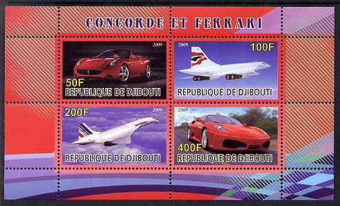 Djibouti 2009 Concorde and Ferrari #2 perf sheetlet containing 4 values unmounted mint, stamps on aviation, stamps on concorde, stamps on cars, stamps on ferrari