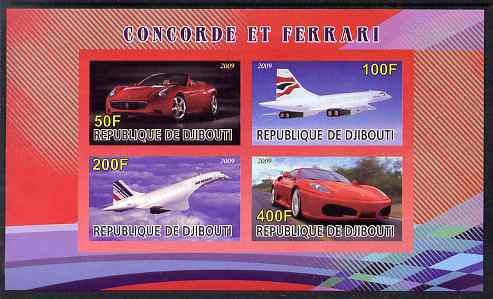 Djibouti 2009 Concorde and Ferrari #21 imperf sheetlet containing 4 values unmounted mint, stamps on , stamps on  stamps on aviation, stamps on  stamps on concorde, stamps on  stamps on cars, stamps on  stamps on ferrari