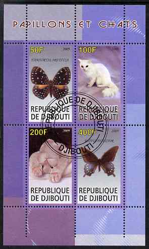 Djibouti 2009 Butterflies and Cats #1 perf sheetlet containing 4 values fine cto used, stamps on butterflies, stamps on cats
