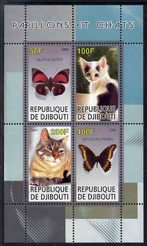 Djibouti 2009 Butterflies and Cats #21 perf sheetlet containing 4 values unmounted mint, stamps on butterflies, stamps on cats