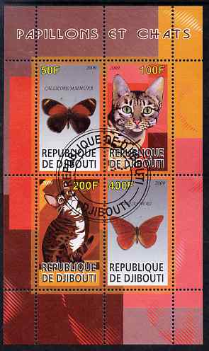 Djibouti 2009 Butterflies and Cats #3 perf sheetlet containing 4 values fine cto used, stamps on butterflies, stamps on cats