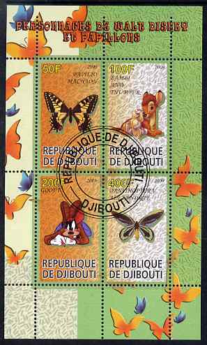 Djibouti 2009 Butterflies and Disney Characters #1 perf sheetlet containing 4 values fine cto used, stamps on , stamps on  stamps on butterflies, stamps on  stamps on disney, stamps on  stamps on cartoons, stamps on  stamps on films, stamps on  stamps on movies, stamps on  stamps on cinema