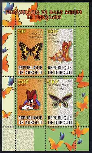 Djibouti 2009 Butterflies and Disney Characters #1 perf sheetlet containing 4 values unmounted mint, stamps on , stamps on  stamps on butterflies, stamps on  stamps on disney, stamps on  stamps on cartoons, stamps on  stamps on films, stamps on  stamps on movies, stamps on  stamps on cinema