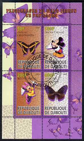 Djibouti 2009 Butterflies and Disney Characters #2 perf sheetlet containing 4 values fine cto used, stamps on butterflies, stamps on disney, stamps on cartoons, stamps on films, stamps on movies, stamps on cinema