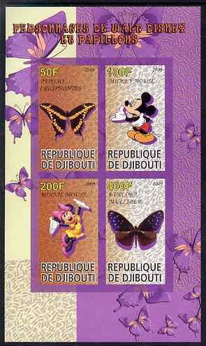 Djibouti 2009 Butterflies and Disney Characters #2 imperf sheetlet containing 4 values unmounted mint, stamps on , stamps on  stamps on butterflies, stamps on  stamps on disney, stamps on  stamps on cartoons, stamps on  stamps on films, stamps on  stamps on movies, stamps on  stamps on cinema