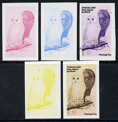 Eynhallow 1974 Owls (UPU Centenary) 3.5p (Snowy Owl) set of 5 imperf progressive colour proofs comprising 3 individual colours (red, blue & yellow) plus 3 and all 4-colou..., stamps on birds    upu    owls   birds of prey, stamps on  upu , stamps on 