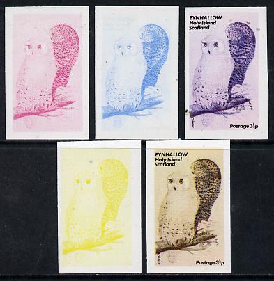 Eynhallow 1974 Owls (UPU Centenary) 3.5p (Snowy Owl) set of 5 imperf progressive colour proofs comprising 3 individual colours (red, blue & yellow) plus 3 and all 4-colour composites unmounted mint, stamps on , stamps on  stamps on birds    upu    owls   birds of prey, stamps on  stamps on  upu , stamps on  stamps on 