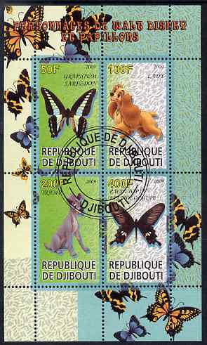 Djibouti 2009 Butterflies and Disney Characters #3 perf sheetlet containing 4 values fine cto used, stamps on , stamps on  stamps on butterflies, stamps on  stamps on disney, stamps on  stamps on cartoons, stamps on  stamps on films, stamps on  stamps on movies, stamps on  stamps on cinema