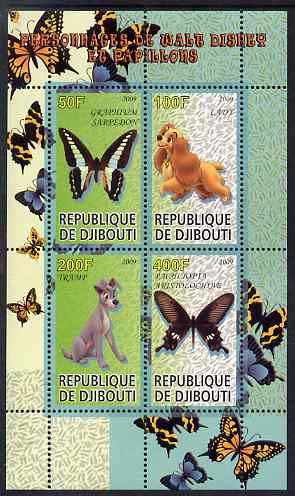 Djibouti 2009 Butterflies and Disney Characters #3 perf sheetlet containing 4 values unmounted mint, stamps on butterflies, stamps on disney, stamps on cartoons, stamps on films, stamps on movies, stamps on cinema
