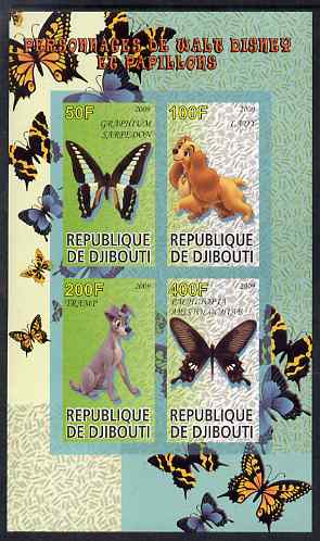 Djibouti 2009 Butterflies and Disney Characters #3 imperf sheetlet containing 4 values unmounted mint, stamps on , stamps on  stamps on butterflies, stamps on  stamps on disney, stamps on  stamps on cartoons, stamps on  stamps on films, stamps on  stamps on movies, stamps on  stamps on cinema