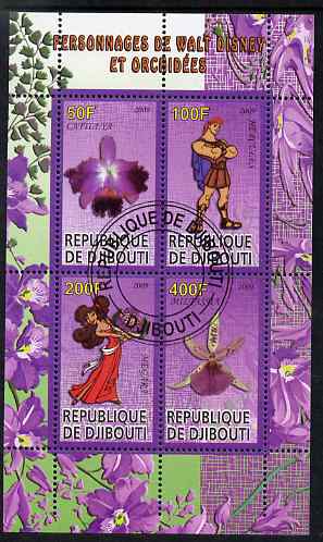 Djibouti 2009 Orchids and Disney Characters #1 perf sheetlet containing 4 values fine cto used, stamps on flowers, stamps on orchids, stamps on disney, stamps on cartoons, stamps on films, stamps on movies, stamps on cinema