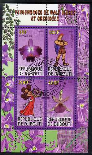 Djibouti 2009 Orchids and Disney Characters #1 perf sheetlet containing 4 values fine cto used, stamps on , stamps on  stamps on flowers, stamps on  stamps on orchids, stamps on  stamps on disney, stamps on  stamps on cartoons, stamps on  stamps on films, stamps on  stamps on movies, stamps on  stamps on cinema