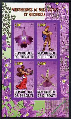 Djibouti 2009 Orchids and Disney Characters #1 imperf sheetlet containing 4 values unmounted mint, stamps on flowers, stamps on orchids, stamps on disney, stamps on cartoons, stamps on films, stamps on movies, stamps on cinema