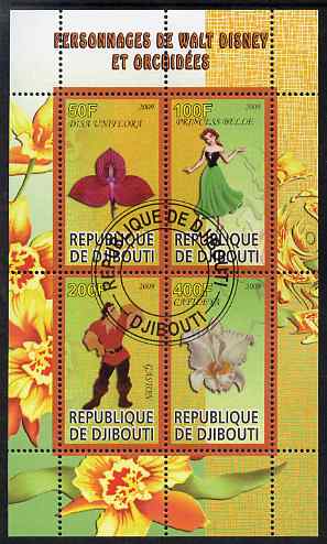 Djibouti 2009 Orchids and Disney Characters #2 perf sheetlet containing 4 values fine cto used, stamps on flowers, stamps on orchids, stamps on disney, stamps on cartoons, stamps on films, stamps on movies, stamps on cinema
