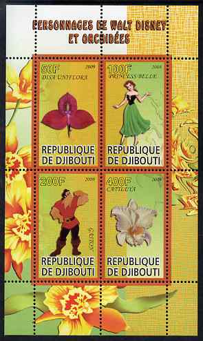 Djibouti 2009 Orchids and Disney Characters #2 perf sheetlet containing 4 values unmounted mint, stamps on flowers, stamps on orchids, stamps on disney, stamps on cartoons, stamps on films, stamps on movies, stamps on cinema