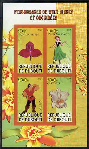 Djibouti 2009 Orchids and Disney Characters #2 imperf sheetlet containing 4 values unmounted mint, stamps on flowers, stamps on orchids, stamps on disney, stamps on cartoons, stamps on films, stamps on movies, stamps on cinema