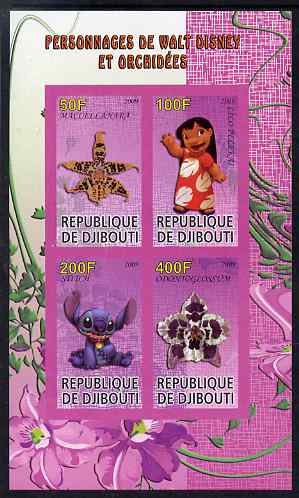 Djibouti 2009 Orchids and Disney Characters #3 imperf sheetlet containing 4 values unmounted mint, stamps on flowers, stamps on orchids, stamps on disney, stamps on cartoons, stamps on films, stamps on movies, stamps on cinema