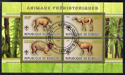 Djibouti 2009 Prehistoric Animals with Scout Logo #1 perf sheetlet containing 4 values fine cto used, stamps on , stamps on  stamps on animals, stamps on  stamps on dinosaurs, stamps on  stamps on scouts