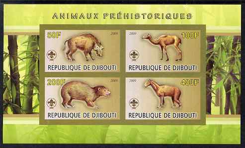 Djibouti 2009 Prehistoric Animals with Scout Logo #1 imperf sheetlet containing 4 values unmounted mint, stamps on animals, stamps on dinosaurs, stamps on scouts