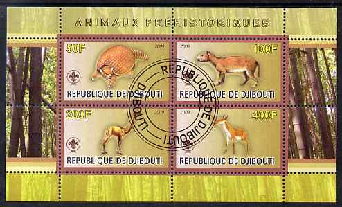 Djibouti 2009 Prehistoric Animals with Scout Logo #2 perf sheetlet containing 4 values fine cto used, stamps on , stamps on  stamps on animals, stamps on  stamps on dinosaurs, stamps on  stamps on scouts