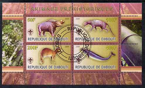 Djibouti 2009 Prehistoric Animals with Scout Logo #3 perf sheetlet containing 4 values fine cto used, stamps on , stamps on  stamps on animals, stamps on  stamps on dinosaurs, stamps on  stamps on scouts