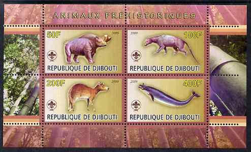 Djibouti 2009 Prehistoric Animals with Scout Logo #3 perf sheetlet containing 4 values unmounted mint, stamps on animals, stamps on dinosaurs, stamps on scouts