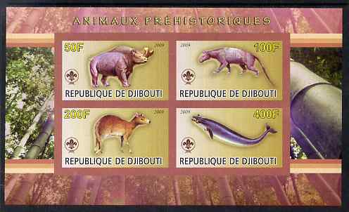 Djibouti 2009 Prehistoric Animals with Scout Logo #3 imperf sheetlet containing 4 values unmounted mint, stamps on animals, stamps on dinosaurs, stamps on scouts