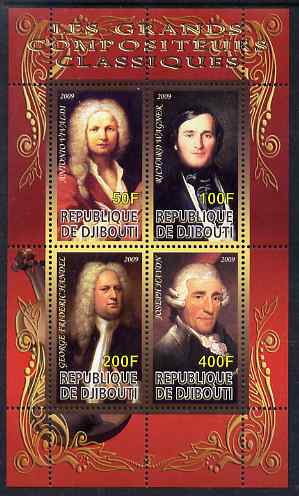 Djibouti 2009 Classic Composers #1 perf sheetlet containing 4 values unmounted mint, stamps on , stamps on  stamps on personalities, stamps on  stamps on music, stamps on  stamps on composers, stamps on  stamps on vivaldi, stamps on  stamps on wagner, stamps on  stamps on handel, stamps on  stamps on haydn