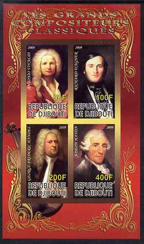 Djibouti 2009 Classic Composers #1 imperf sheetlet containing 4 values unmounted mint, stamps on , stamps on  stamps on personalities, stamps on  stamps on music, stamps on  stamps on composers, stamps on  stamps on vivaldi, stamps on  stamps on wagner, stamps on  stamps on handel, stamps on  stamps on haydn