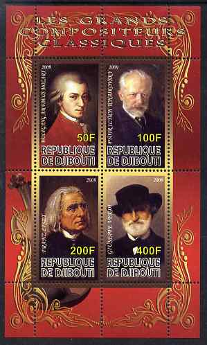 Djibouti 2009 Classic Composers #2 perf sheetlet containing 4 values unmounted mint, stamps on , stamps on  stamps on personalities, stamps on  stamps on music, stamps on  stamps on composers, stamps on  stamps on mozart, stamps on  stamps on tchaikovski, stamps on  stamps on liszt, stamps on  stamps on verdi, stamps on  stamps on masonics, stamps on  stamps on masonry, stamps on  stamps on opera