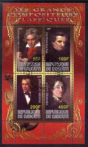 Djibouti 2009 Classic Composers #3 perf sheetlet containing 4 values fine cto used, stamps on personalities, stamps on beethoven, stamps on opera, stamps on music, stamps on composers, stamps on deaf, stamps on disabled, stamps on masonry, stamps on masonics, stamps on berlioz, stamps on brahms, stamps on chopin