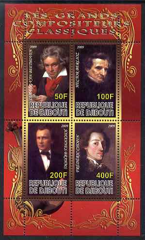 Djibouti 2009 Classic Composers #3 perf sheetlet containing 4 values unmounted mint, stamps on personalities, stamps on beethoven, stamps on opera, stamps on music, stamps on composers, stamps on deaf, stamps on disabled, stamps on masonry, stamps on masonics, stamps on berlioz, stamps on brahms, stamps on chopin