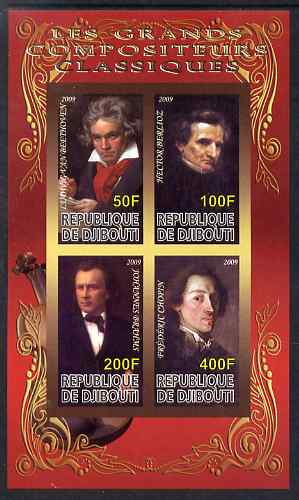 Djibouti 2009 Classic Composers #3 imperf sheetlet containing 4 values unmounted mint, stamps on personalities, stamps on beethoven, stamps on opera, stamps on music, stamps on composers, stamps on deaf, stamps on disabled, stamps on masonry, stamps on masonics, stamps on berlioz, stamps on brahms, stamps on chopin