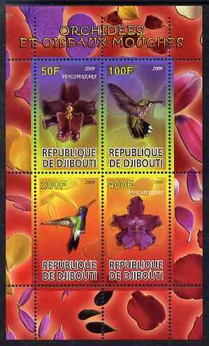 Djibouti 2009 Orchids and Hummingbirds #1 perf sheetlet containing 4 values unmounted mint, stamps on , stamps on  stamps on flowers, stamps on  stamps on orchids, stamps on  stamps on birds, stamps on  stamps on hummingbirds