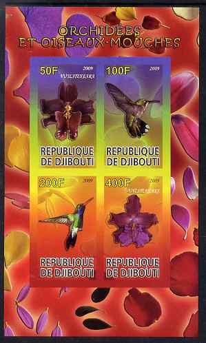 Djibouti 2009 Orchids and Hummingbirds #1 imperf sheetlet containing 4 values unmounted mint, stamps on , stamps on  stamps on flowers, stamps on  stamps on orchids, stamps on  stamps on birds, stamps on  stamps on hummingbirds