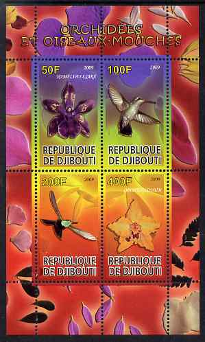 Djibouti 2009 Orchids and Hummingbirds #2 perf sheetlet containing 4 values unmounted mint, stamps on , stamps on  stamps on flowers, stamps on  stamps on orchids, stamps on  stamps on birds, stamps on  stamps on hummingbirds