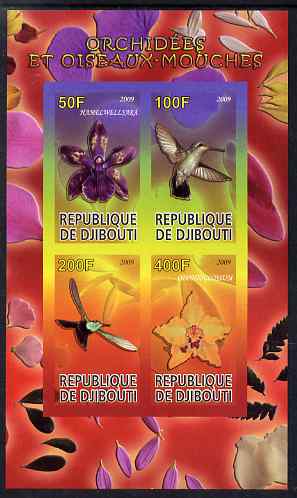 Djibouti 2009 Orchids and Hummingbirds #2 imperf sheetlet containing 4 values unmounted mint, stamps on flowers, stamps on orchids, stamps on birds, stamps on hummingbirds