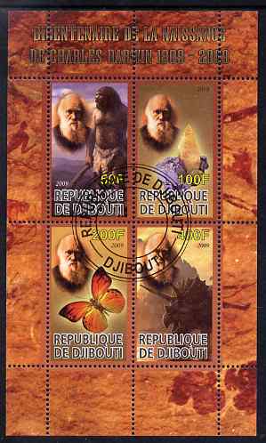 Djibouti 2009 Bicentenary of Charles Darwin perf sheetlet containing 4 values fine cto used, stamps on animals, stamps on personalities, stamps on minerals, stamps on apes, stamps on butterflies, stamps on dinosaurs, stamps on darwin