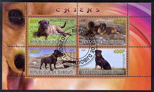Djibouti 2009 Dogs perf sheetlet containing 4 values fine cto used, stamps on animals, stamps on dogs