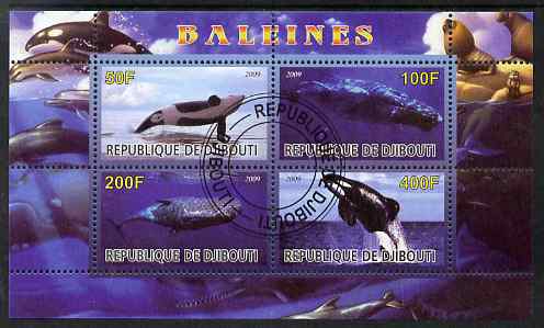 Djibouti 2009 Whales perf sheetlet containing 4 values fine cto used, stamps on whales, stamps on marine life