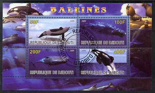 Djibouti 2009 Whales perf sheetlet containing 4 values fine cto used, stamps on , stamps on  stamps on whales, stamps on  stamps on marine life