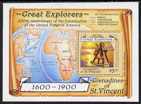 St Vincent - Grenadines 1988 Explorers $5 m/sheet (Sextant) with stamp perforated on three sides only (imperf at right) unmounted mint. , stamps on , stamps on  stamps on columbus   explorers  maps    ships      navigation