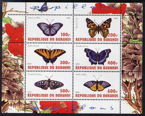 Burundi 2009 Butterflies #3 perf sheetlet containing 6 values unmounted mint, stamps on butterflies, stamps on 