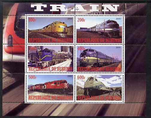 Burundi 2009 Diesel Locos perf sheetlet containing 6 values unmounted mint, stamps on railways