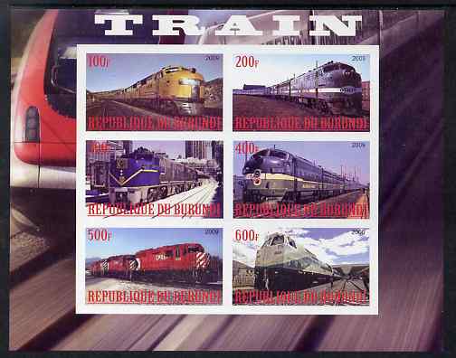 Burundi 2009 Diesel Locos imperf sheetlet containing 6 values unmounted mint, stamps on railways