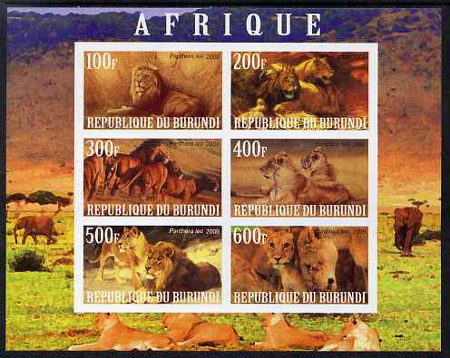 Burundi 2009 African Animals #1 imperf sheetlet containing 6 values unmounted mint, stamps on , stamps on  stamps on animals, stamps on  stamps on lions